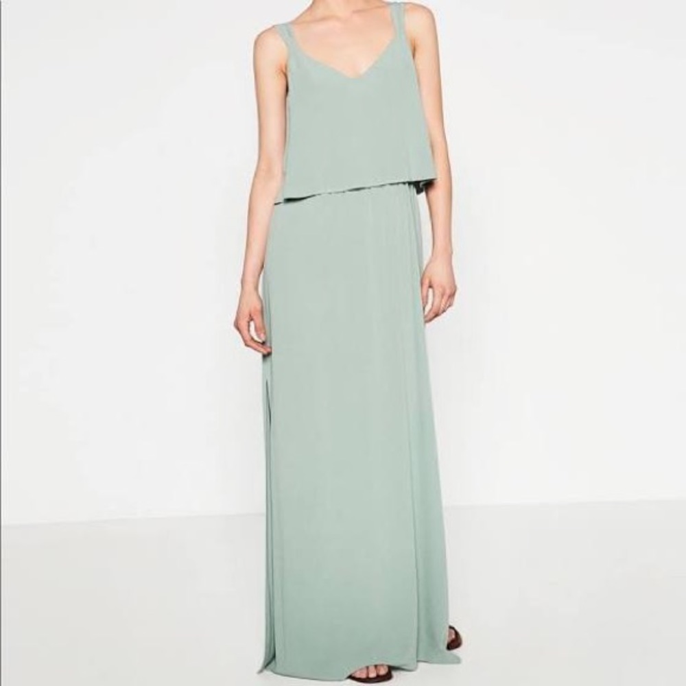 NWOT Zara Pale Green V-neck Layered Maxi Dress